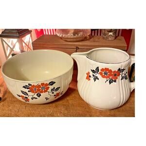 Vintage Hall China Red Poppy Water Jug Pitcher & Nesting Mixing Bowl Set Porcela